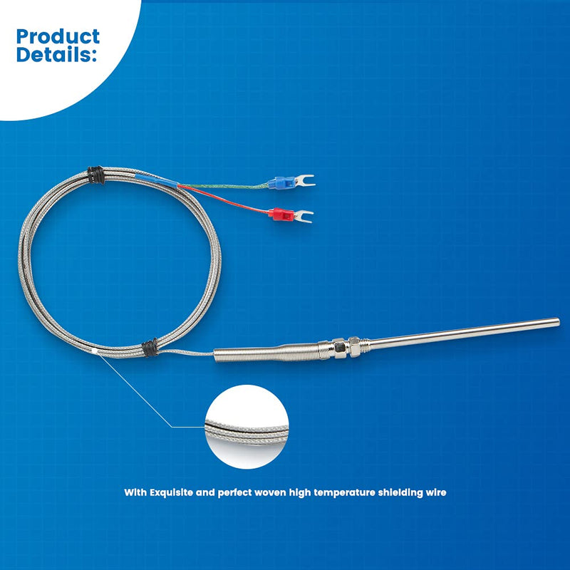 CGELE K-Type Thermocouple Temperature Sensors 0~600℃，3M/9.8Ft Wire Probe Length 100mm Two Wire 100×5mm Stainless Steel Probe Temperature Detector Temperature Gauge Probe Length 100mm(3M)