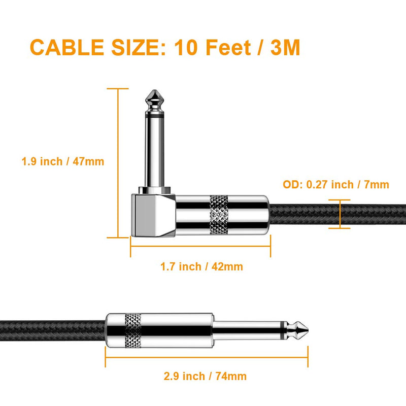 [AUSTRALIA] - Guitar Cable 10FT Right Angle 1/4 Inch TS to Straight 1/4 Inch TS Electric Guitar and Bass Audio Cord Professional Instrument Cable for Electric Guitar, Bass, Keyboard, Amplifier, Pro Audio 