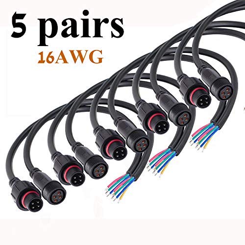 QOFOWIN 2 Wire Waterproof Connector, 2Pin Male Female Plug LED Connector,with 16AWG IP65 20CM Extension Cable for Car, Boat,Truck,Indoor/Outdoor LED Strip Lights(2Pin 5Pairs) Waterproof LED 2Pin Connector