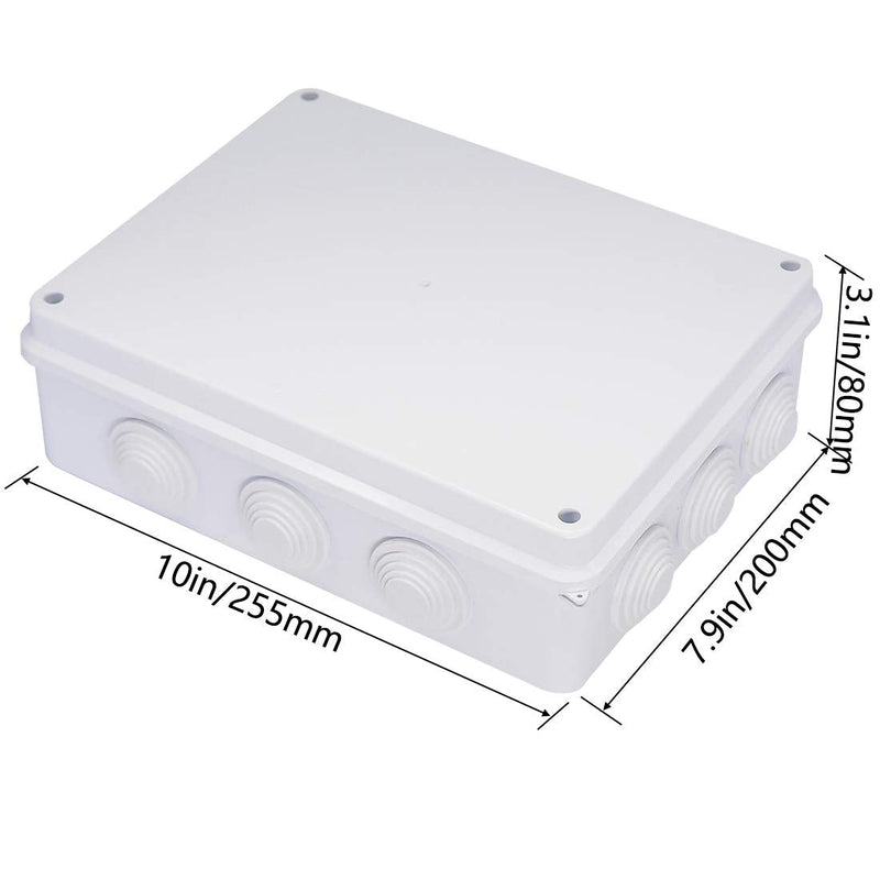 Zulkit Junction Box ABS Plastic Dustproof Waterproof IP65 Universal Electrical Boxes Project Enclosure White 10 x 7.9 x 3.1 inch (255 x 200 x 80mm) 10" x 7.9" x 3.1" With Holes