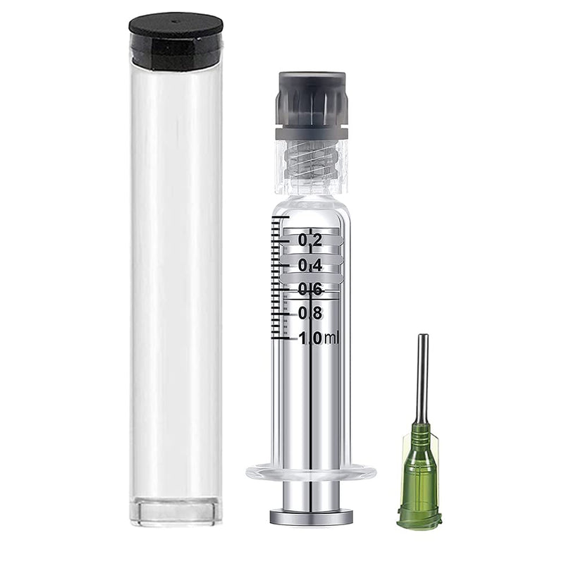 1ml Reusable Glass Syringe-Luer lock metal Plunger & 14 Gauge-1/2" blunt tips needles metal liquid syringe with plastic tubes 5 Pack