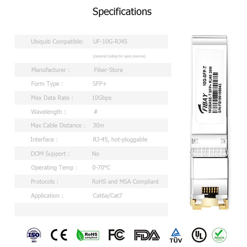 10GBase-T SFP+ to RJ45 Transceiver up to 30m 10G-T 10G SFP+ Copper RJ-45 Cat6a/7 Mini-GBIC Module for Ubiquiti Unifi Ufiber UF-RJ45-10G Netgear AXM765 10GBASE-T: 30m for Ubiquiti/Netgear