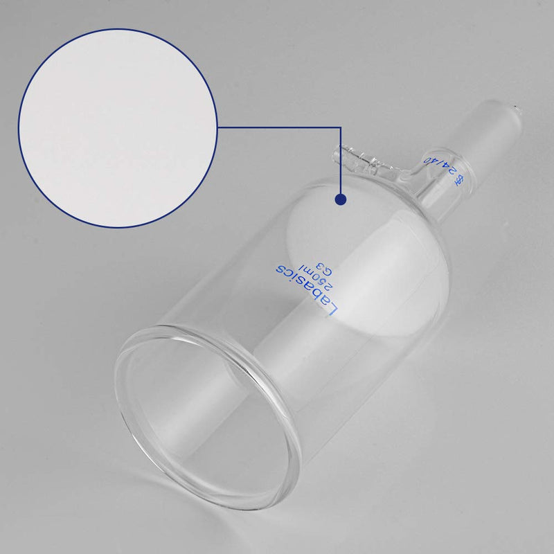 Labasics Borosilicate Glass Buchner Filtering Funnel with Fine Frit (G3), 65mm Inner Diameter, 100mm Depth, with 24/40 Standard Taper Inner Joint and Vacuum Serrated Tubulation (250ml) 250 ml