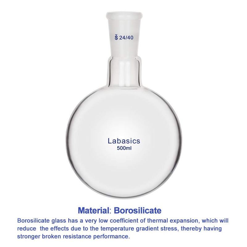 Labasics Glass 500ml Single Neck One Neck Round Bottom Flask RBF, with 24/40 Standard Taper Outer Joint, 500ml 500 ml