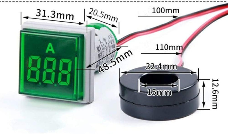Szliyands Digital Display AC Current Indicator, 22mm Square Head LED Current Tester 0~100A Ammeter Monitor (Green ) Green