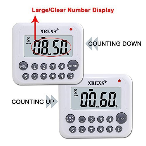 XREXS Digital Kitchen Timer Magnetic Countdown Up Cooking Timer Clock with Magnet Back and Clip, Loud Alarm, Large Display Minutes and Seconds Directly Input-White (2 Battery Included) Old Version