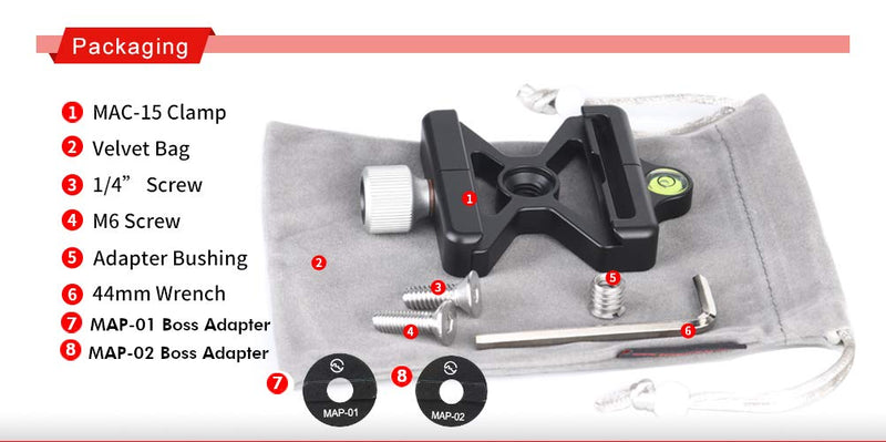 Sunwayfoto MAC-15T 60mm Clamp Conversion Kit Convert RC2 to Arca/RRS QR Compatible with Tripod Ball Head inc Boss Adapters