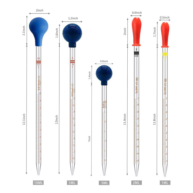 5PCS Thick Glass Graduated Dropper Pipettes Fluid and Liquid Pipettors 1ml 2ml 5ml 10ml 2PCS for Each with Caps and 2PCS Washing Brushes (33cm-13inch) 5