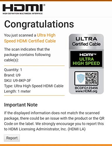 U9 8K Certified Ultra High Speed HDMI Cable v2.1 48Gbps 8K60Hz 4K120Hz eARC ARC HDR PS5 Xbox One X/S Nvidia Shield Pro Roku Ultra LG Sony Samsung Apple TV (1) 1.0 Meters