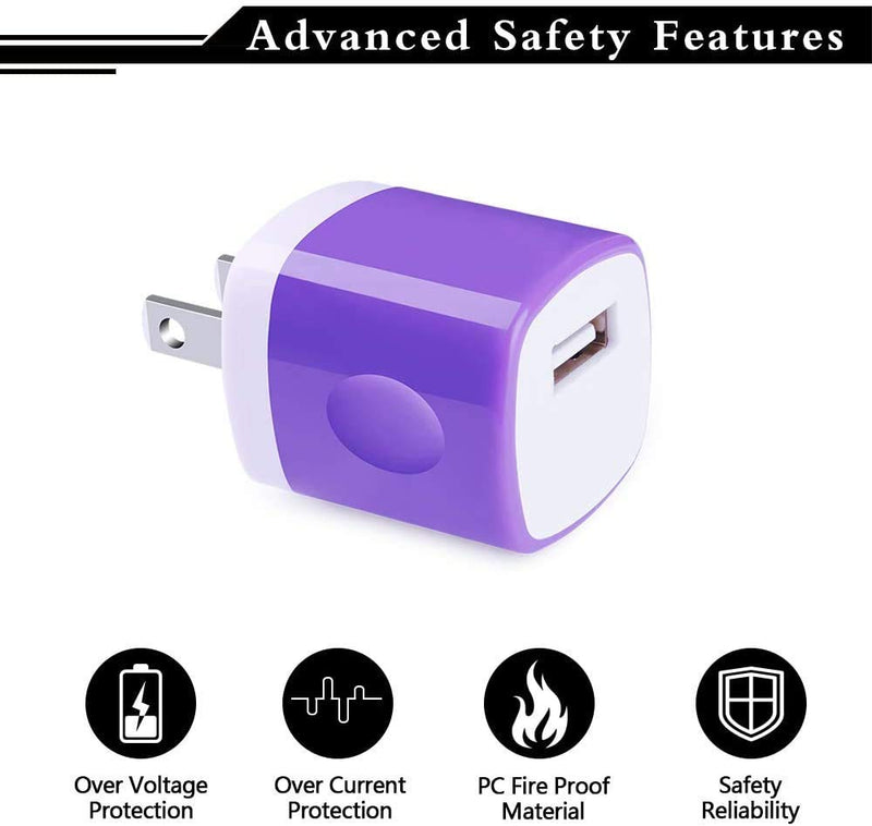 USB Charger, Charging Block CIQILY 5-Pack 1A/5V USB Power Home Travel Adapter Wall Charger Cube Brick Box Base Head Compatible for Phone X 8 7 6 Plus 5S, iPad, Samsung, LG, Moto,Tablet, Android Phone White,Blue,Purple,Green,Rosered