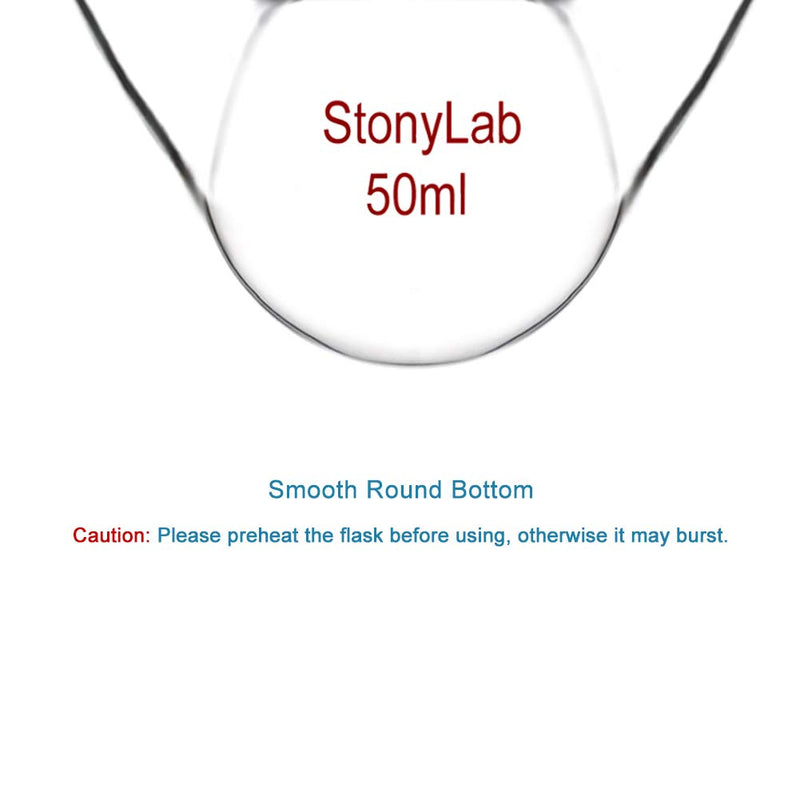 StonyLab Glass 50ml Heavy Wall 3 Neck Round Bottom Flask RBF, with 24/40 Center and Side Standard Taper Outer Joint – 50ml 50 ml