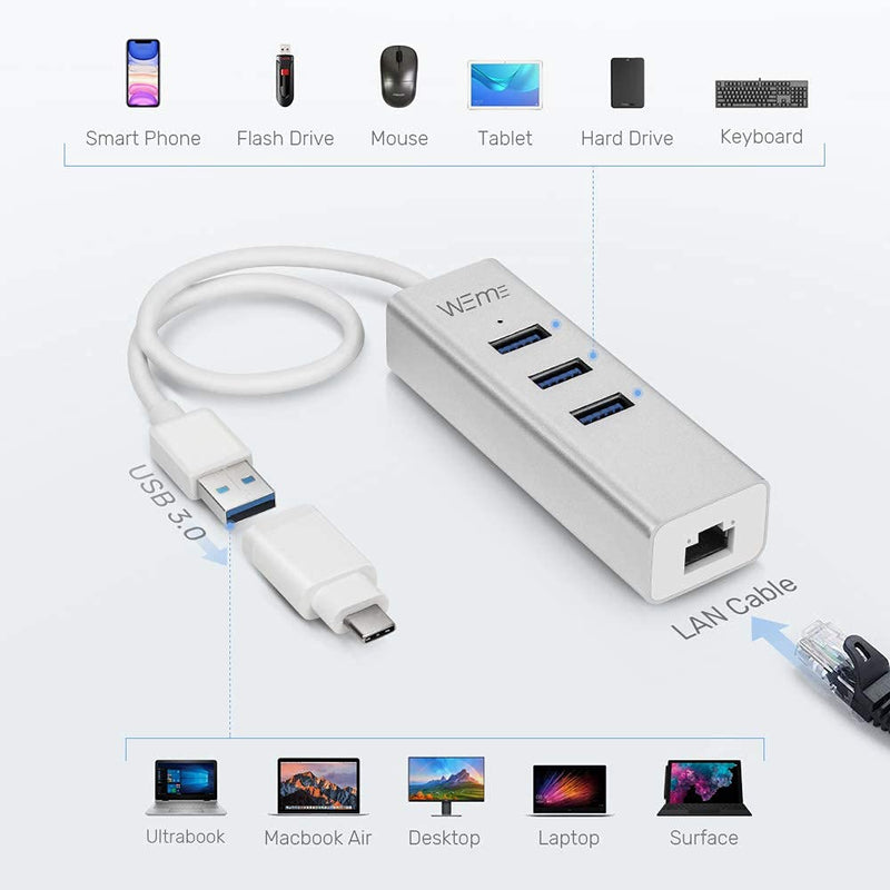 WEme Ethernet Adapter 2 in 1 USB C to Gigabit Ethernet Converter, Compatible Thunderbolt 3, Aluminum USB 3.0 RJ45 Network Adapter with 3 Port Hub for PC, Mac, Linux, MacBook Air, Windows Surface Pro USB3.0 to RJ45-Hub