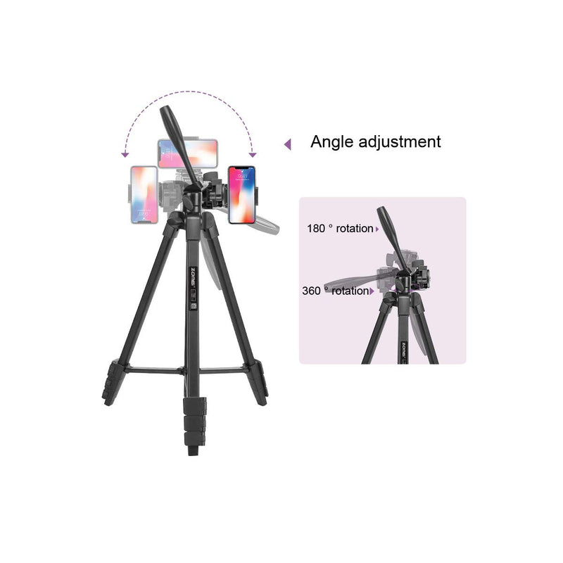 Phone Tripod, 53.5” Extendable Professional Aluminum Lightweight Travel Camera Tripod Stand(2kg/4.4lb Load) with Cell Phone Mount Holder &Bluetooth Remote for iOS/Android Smartphone & Cameras