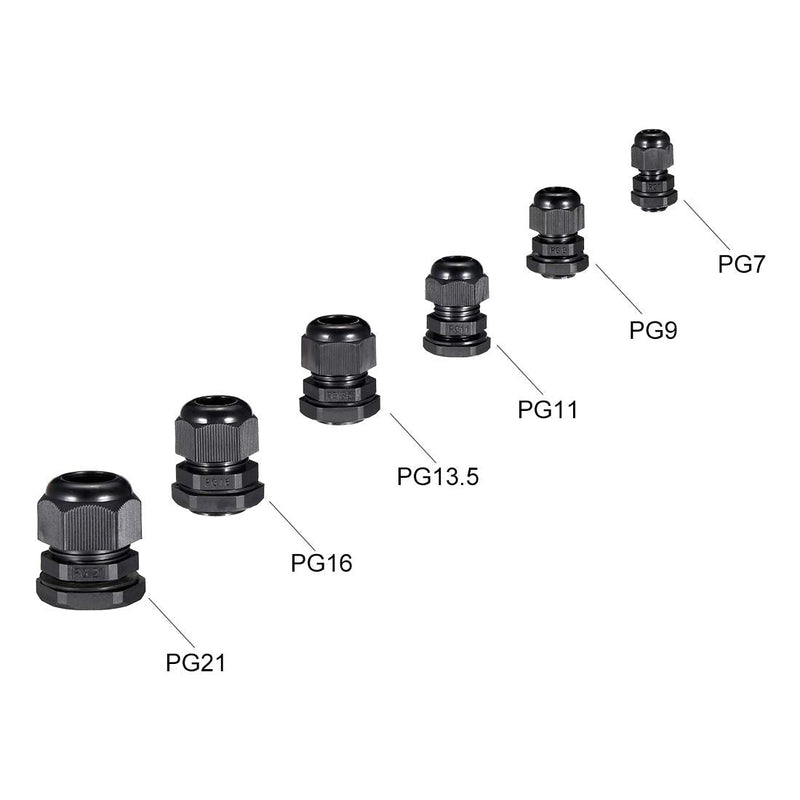 uxcell 30 Pcs (5 Pcs of each model) PG7 PG9 PG11 PG13.5 PG16 PG21 Waterproof IP68 Nylon Cable Gland Joint Adjustable Locknut for 3.5mm-18mm Dia Cable Wire
