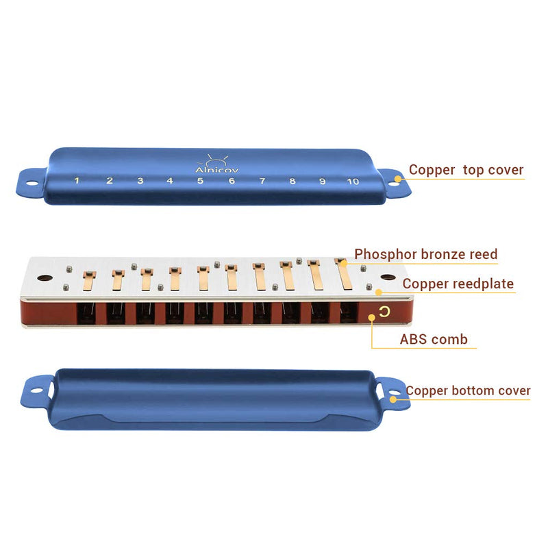 Alnicov Deluxe Blues Harmonica in Key of C Diatonic/10 Holes Mouth Organ Instrument with Case and Cleaning Cloth for Students,Adults,Professionals Gifts - Blue