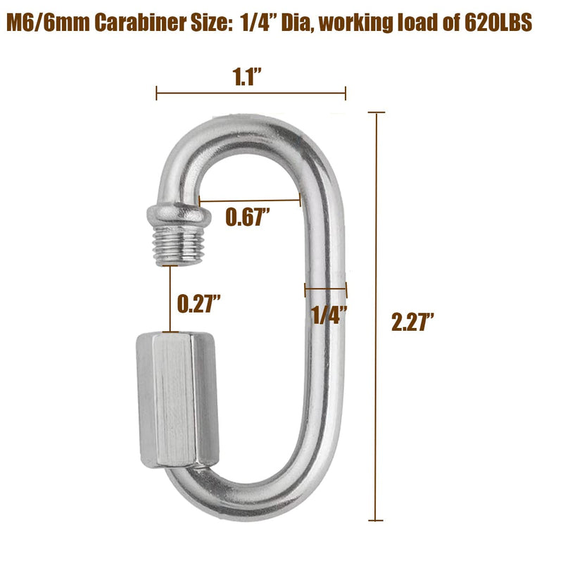 HZSOOCH 15 Pack Quick Link 1/4 inch, Stainless Steel Oval Locking Carabiner 620lb Capacity, Heavy Duty Threaded Chain Quick Link for Camping, Hiking, Swing, Fishing and Gym M6 15pcs