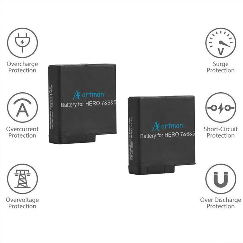 Artman 1480mAh Replacement Batteries 3-Pack and 3-Channel LED USB Charger Compatible with Gopro Hero 7 Black,Hero 6 Black,Hero 5 Black,Hero 2018(Fully Compatible with Original)