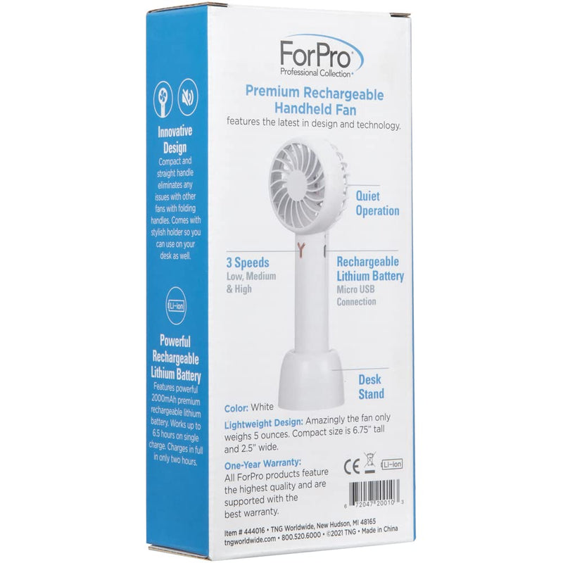 ForPro Premium Rechargeable Handheld Fan, Portable USB Desk Fan, 3-Speed Lightweight Mini Personal Fan for Travel Home Office, Pure White