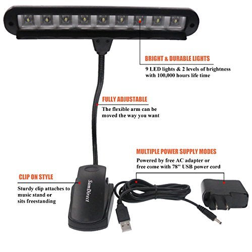 SumDirect Clip-on Installable Batteries LED Music Stand Light with Adapter