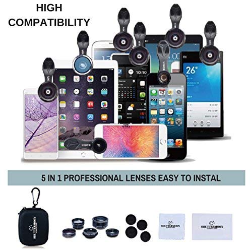 SHUTTERMOON UPGRADED Phone Camera Lens Kit for iPhone 12/11/Xs/R/X/8/7 Smartphones/Pixel/Samsung/Android Phones Camera. 2xTele Lens Zoom Lens+Fisheye Lens+Super Wide Angle Lens&Macro Lens+CPL (5 in 1) PRO 5 IN 1