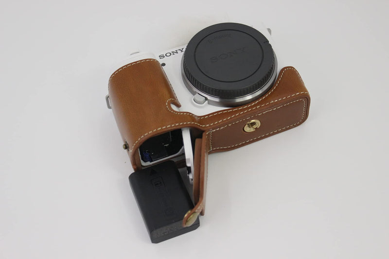ZV-E10 Case, BolinUS Handmade PU Leather FullBody Camera Case Bag Cover for Sony ZV-E10 ZVE10 with 16-50mm lens Bottom Opening Version + Neck Strap + Mini Storage Bag (Brown) Brown