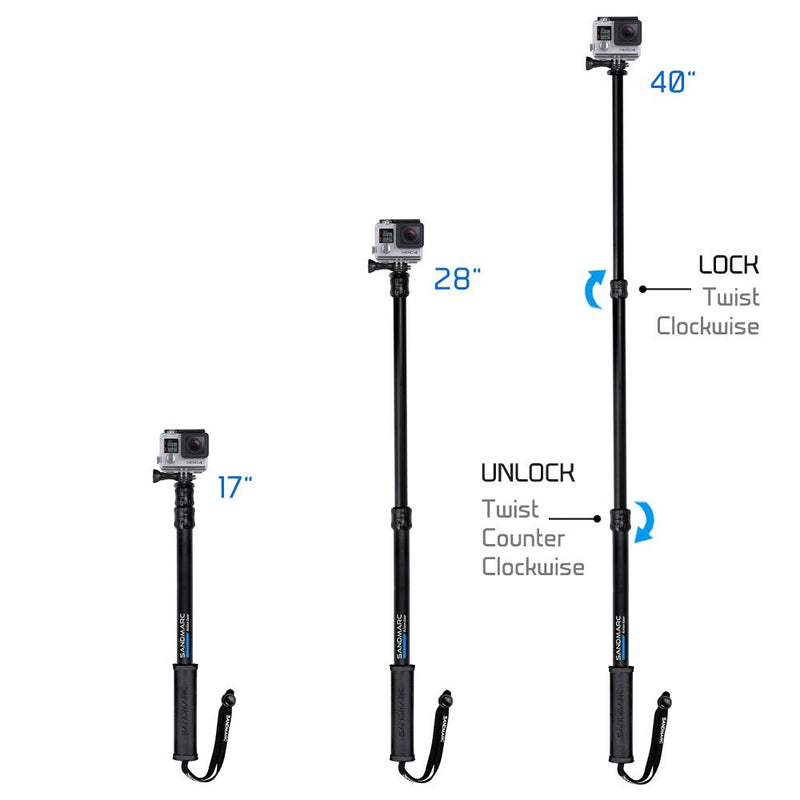 SANDMARC Pole - Black Edition: 17-40” Waterproof Extension Pole (Selfie Stick) for GoPro Hero 10, 9, 8, Max, 7, 6, Session, 5, 4, 3 - with Remote Clip