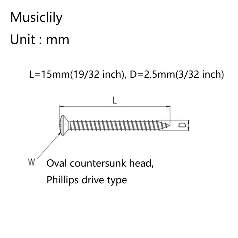 Musiclily Basic 2.5x15mm Metal Metric Thread Guitar String Guide Mounting Screws, Nickel(Set of 20)