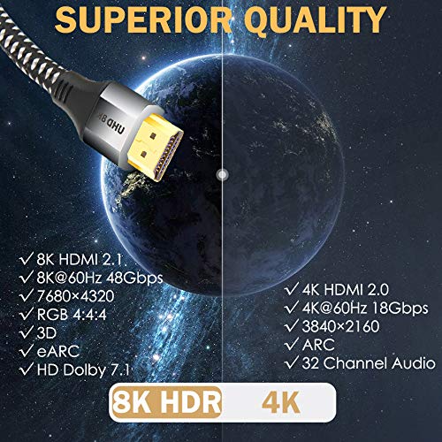 8K HMDI Cable 3FT High Speed Ultra HD Cable - 8K HDMI 2.1 HDCP 2.2 60Hz 48Gbps 4:4:4 HDR, Braided Cord Compatible with 4K@60Hz, Great for Dolby Vision TV Netflix Xbox PS4 Sony LG Samsung 8K - 3 Feet 8K HDMI 3FT