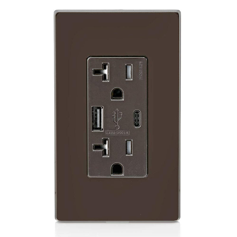 Leviton T5833-B 20-Amp Type-C USB Charger/Tamper Resistant Receptacle, Brown