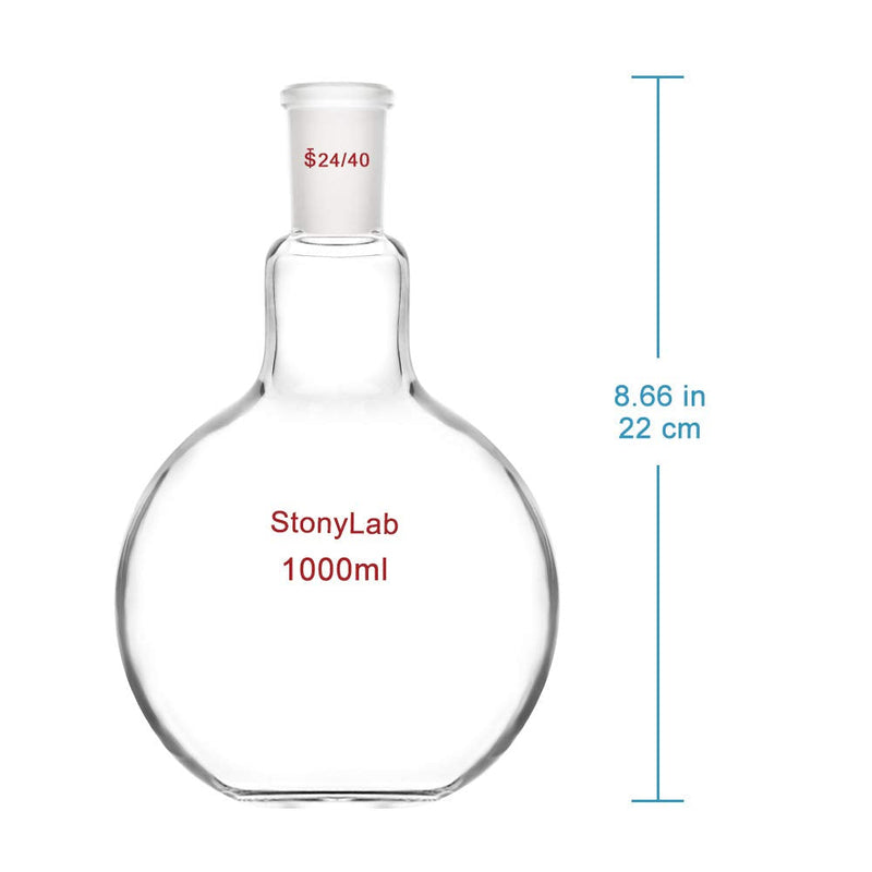 StonyLab Glass 1000ml Heavy Wall Single Neck Flat Bottom Boiling Flask, with 24/40 Standard Taper Outer Joint, 1000ml 1000 mL