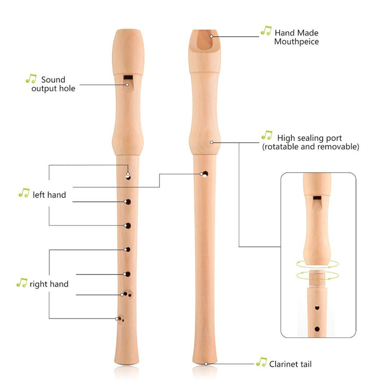Baroque Recorder 8 holes,Soprano C Key Recorder Made of Maple Wood with storage Case,Fingering Chart and Cleaning Rod for Kids Adults Beginners