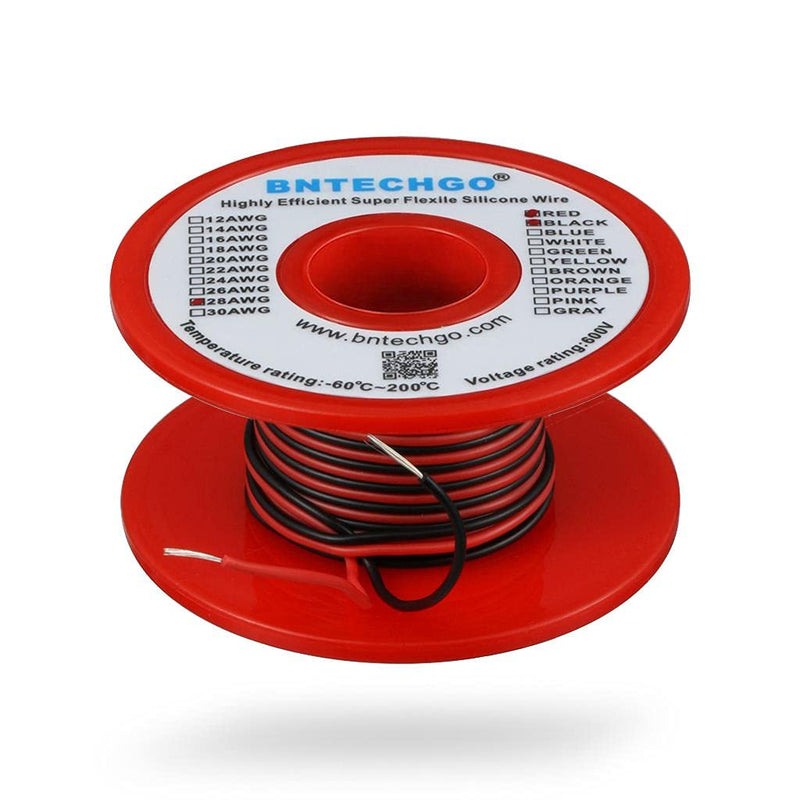 BNTECHGO 28 Gauge Silicone Wire Spool Red and Black Each 50ft 2 Separate Wires Flexible 28 AWG Stranded Copper Wire silicone wire 50ft red and 50ft black 28 Awg Silicone Wire Red and Black