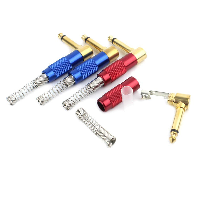 [AUSTRALIA] - 1/4" Audio Plugs 6.35 mm Plug TS Male 1/4 inch Heavy Duty Solder Type Mono Connector with Spring, Right Angle for DJ Mixer, Speaker Guitar Cables, Patch Cable, Microphone Cable Blue+Red (4 Pack) 