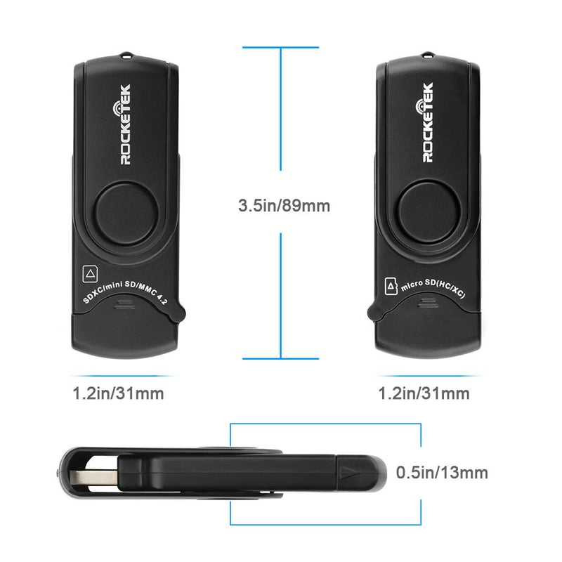 Rocketek RT-CR3A 11 In 1 USB 3.0 Memory Card Reader/Writer with A Build-in Card Cover and 2 Slots (SD Card + Micro SD Card) for SDXC, Uhs-I SD, SDHC, SD, Micro SDXC, Micro SDHC, Micro SD, MMC Memory Cards USB 3.0 card reader