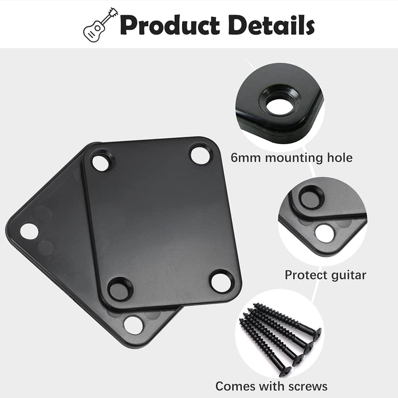 4 Holes Guitar Neck Plate Standard with Screws Compatible with Strat Tele Style Electric Guitar Jazz Bass Parts Replacement (Black) Black