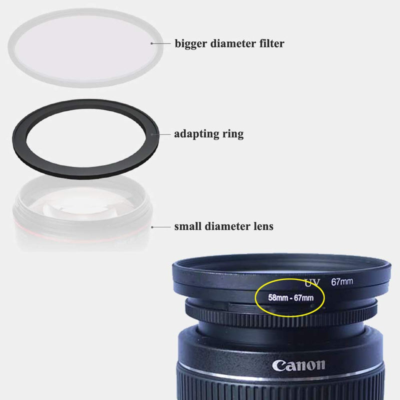 58-67(58mm Lens to 67mm Filter) Step-up Aerometal Camera Lens Filter Adapter Ring, Fire Rock Aviation Aluminum Alloy 58mm-67mm Step Up Ring for Filter, Hood, Lens Converter-2Packs
