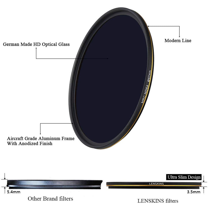 LENSKINS 67mm ND64 Filter, 6 Stop Neutral Density Filter for Camera Lenses, 16-Layer Multi-Resistant Coated, German Optics Glass, Weather-Seal ND Filter with Lens Cloth ND67
