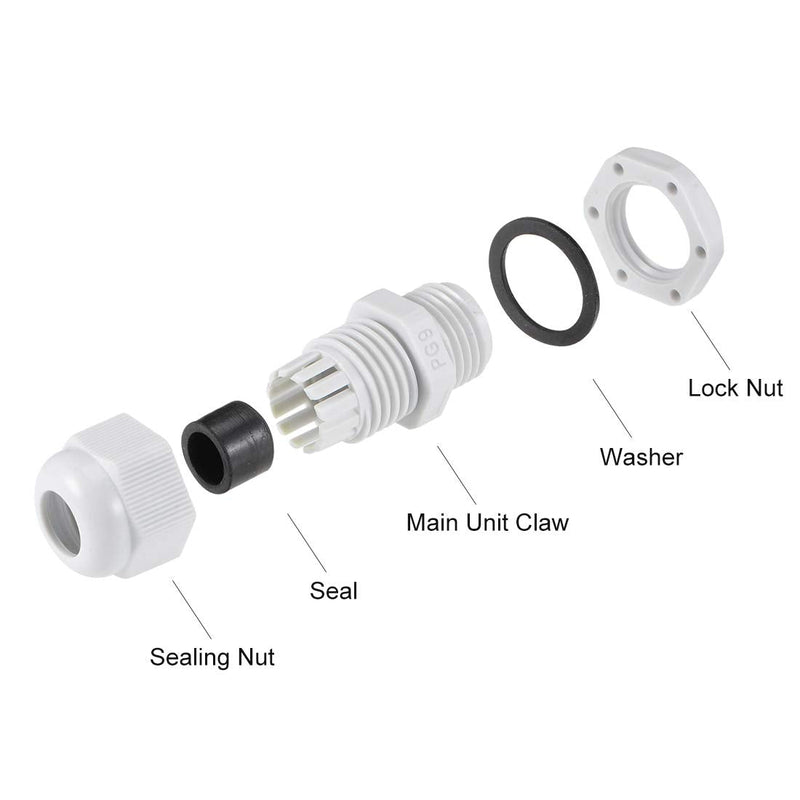 uxcell PG9 Cable Gland 2mm-6mm Wire Hole Waterproof Nylon Joint Adjustable Locknut with Washer White 20pcs