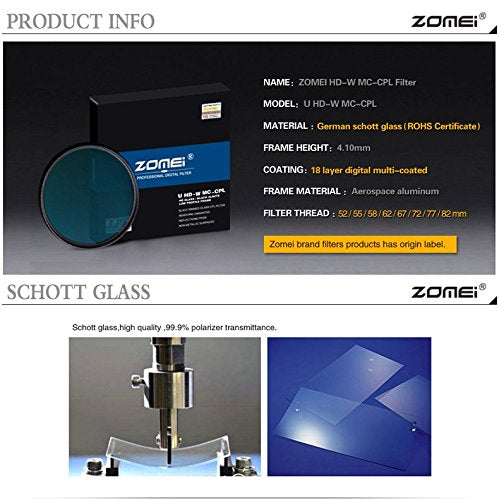 ZOMEI 58mm 18 Layer Multi-Coated HD Ultra Slim Waterproof SHOTT Schott Camera Lens Polarizing Polarizer Circular CIR-PL CPL Filter with Rotating Ring
