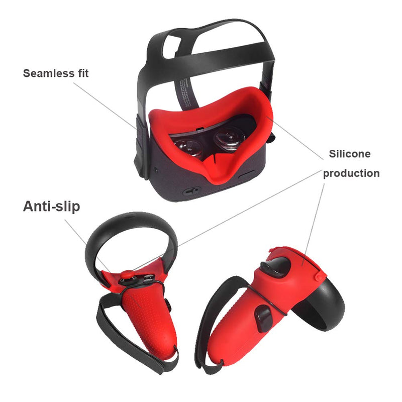 Protective Face Cover & Wrist Strap&Controller Grip Skin&Wrist/Knuckle Strap&Rocker cap for Oculus Quest VR , VR Silicone protection Accessories 7 in 1 Set (Red)