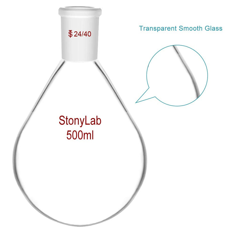 StonyLab Borosilicate Glass 500mL Heavy Wall Single Neck Recovery Flask Rotary Evaporator Flask, with 24/40 Outer Joint - 500mL 500 mL