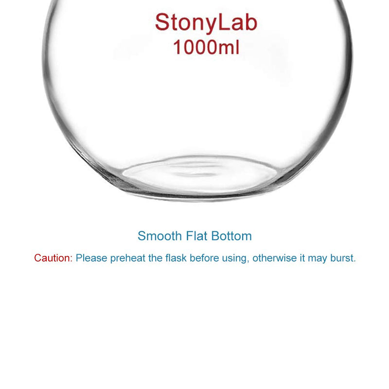 StonyLab Glass 1000ml Heavy Wall Single Neck Flat Bottom Boiling Flask, with 24/40 Standard Taper Outer Joint, 1000ml 1000 mL