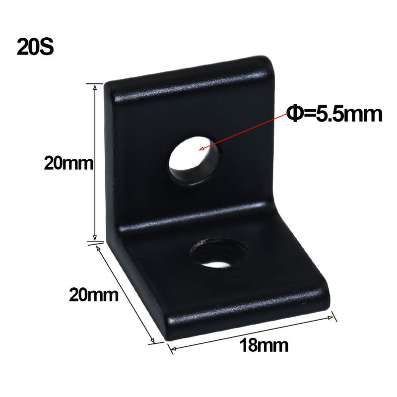 Boeray 10pcs 2 Hole Black 90 Degree Inside Corner Bracket Kit for 2020 Aluminum Extrusion Profile 20x20 Slot 6mm with 20pcs t nut + 20pcs hex Screw + 1pcs Wrench 2020-10 Set