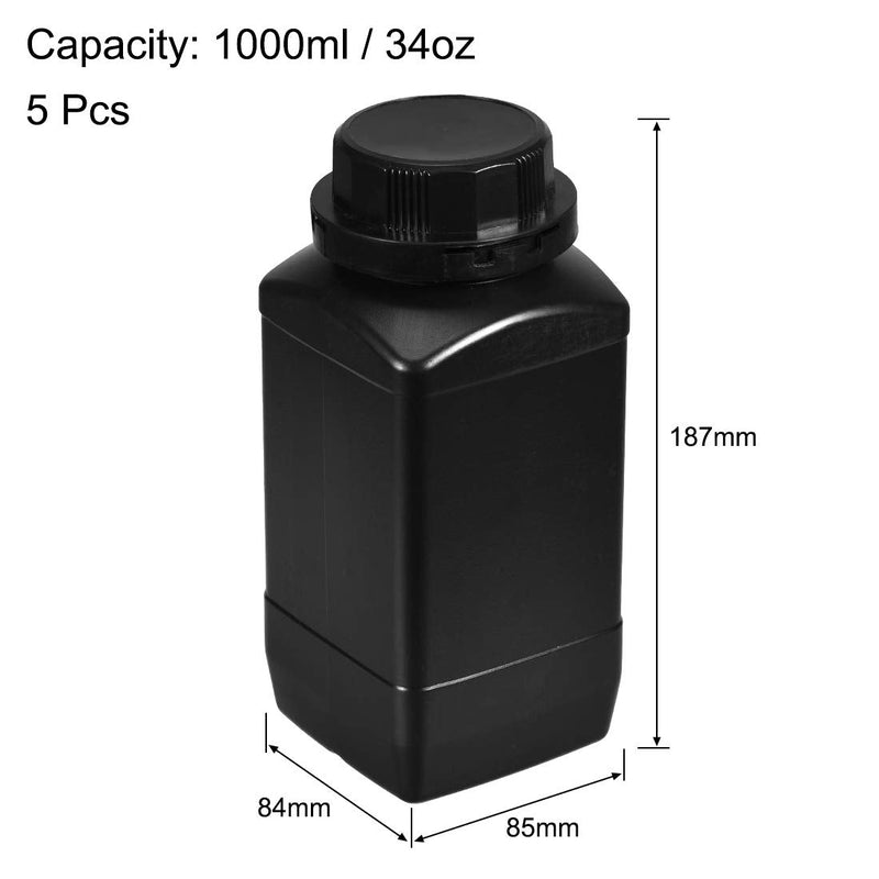 uxcell Plastic Lab Chemical Reagent Bottle, 1000ml/ 34oz Wide Mouth Sample Sealing Liquid/Solid Storage Bottles, Black 5pcs