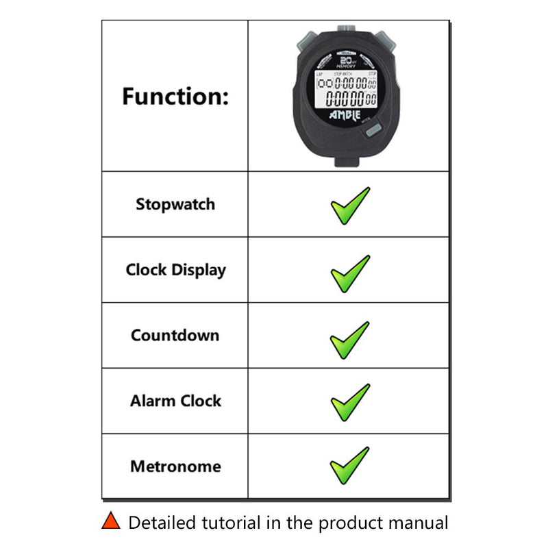 Amble Stopwatch, Countdown Timer and Stopwatch Record 20 Memories Lap Split Time with Tally Counter and Calendar Clock with Alarm for Sports Coaches and Referees
