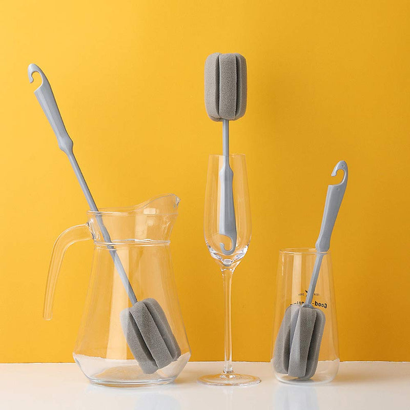 4PCS Grey Soft Sponge Bottle Cleaning Brush Plastic Handle Cup Brush Scrubber Washing Brush vase Bottle Pot Cleaner（2 size 10”15”）