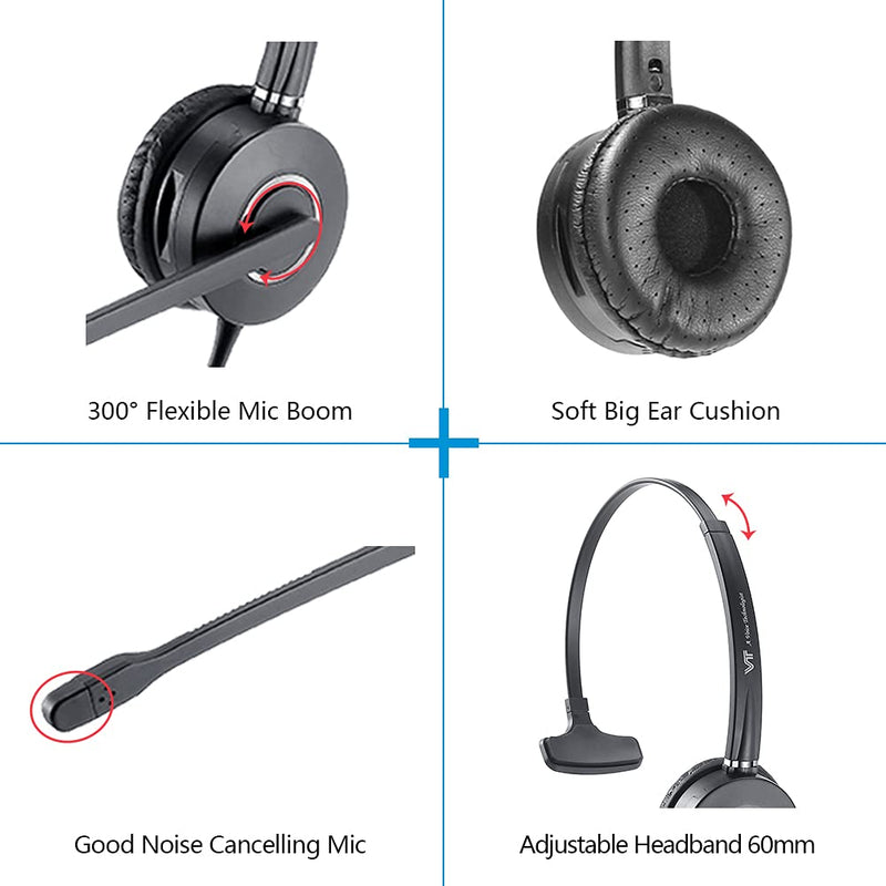 Telephone-Headset Microphone Noise-Cancelling Headphone QD - Quick Disconnect Call Center Headset with RJ09 Cables Compatible with Polycom,Yealink,Grandstream,Snom,Fanvil,Aastra,Mitel,Digium Phones