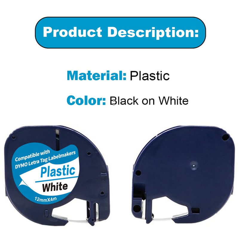 [AUSTRALIA] - 5-Pack Compatible with Dymo Letratag Refills 91201 91331 S0721660 Label Maker Tape White Plastic 12mm x 4m 1/2" x 13', Work with Dymo Letra Tag LT-100H LT-100T Plus 200B QX50 XR XM 2000 