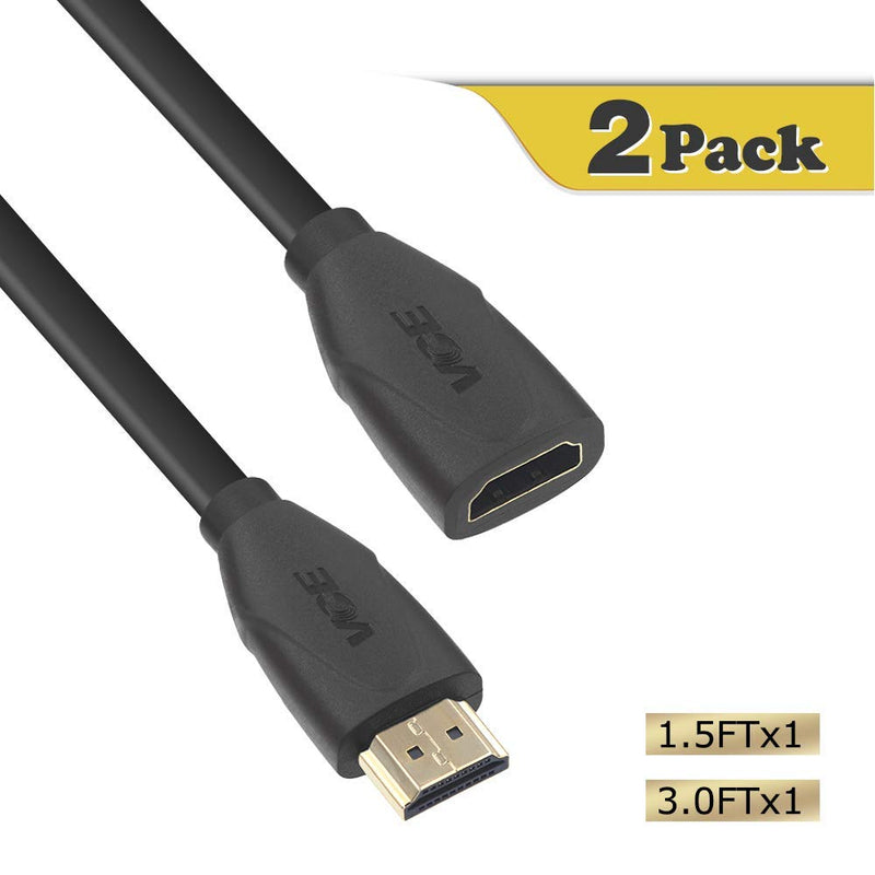 VCE HDMI Male to Female Extension Cable (3FT+1.5FT) High Speed 4K 3D Resolution Cable Compatible with Blu Ray Player, Chromecast, Roku, Boxee, Xbox360, PS3,PS4-2PACK