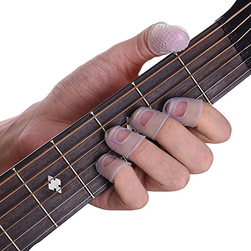 35 Pcs Guitar Silicone Finger Protector, Clear Fingertip Protection Covers Caps Finger Guards for Ukulele Electric Guitar, 5 Sizes, with 5 Guitar Picks